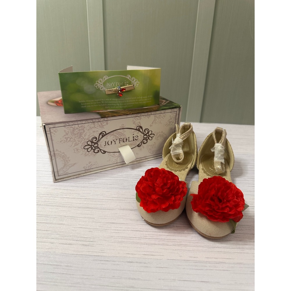 Joyfolie Hailey Red Flower Flats Ankle Strap Shoes Kids T11 with Hair Clip Box